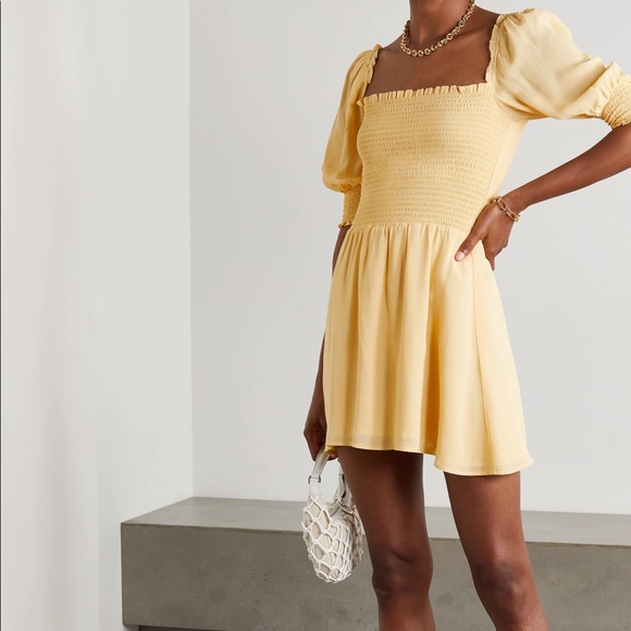 Reformation Elle Ruffled Shirred Crepe Mini Dress In Yellow - Picture 4 of 5